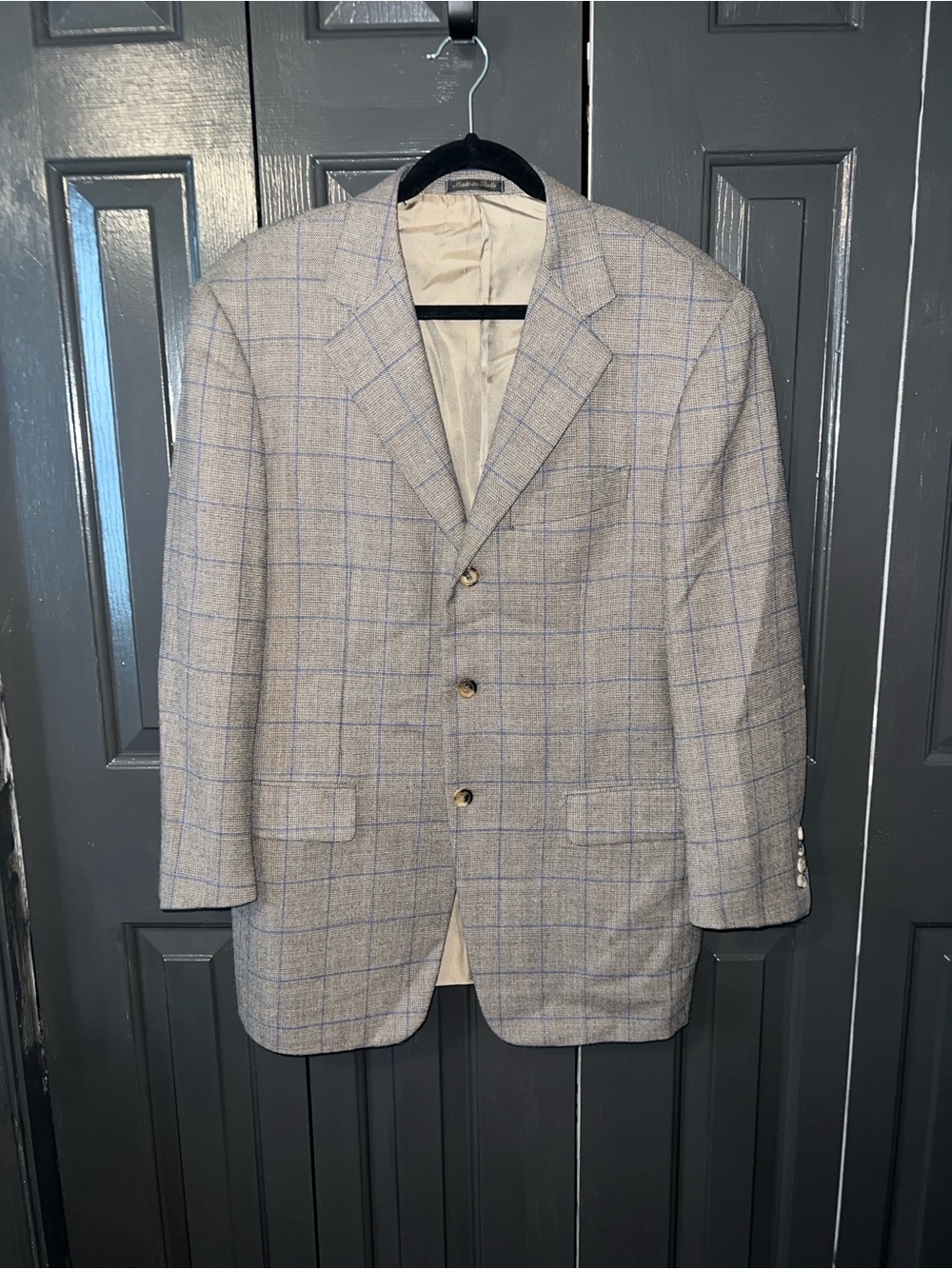 Pal Zileri 46R Light Gray Blazer with Blue Windowpane 1990s Vintage